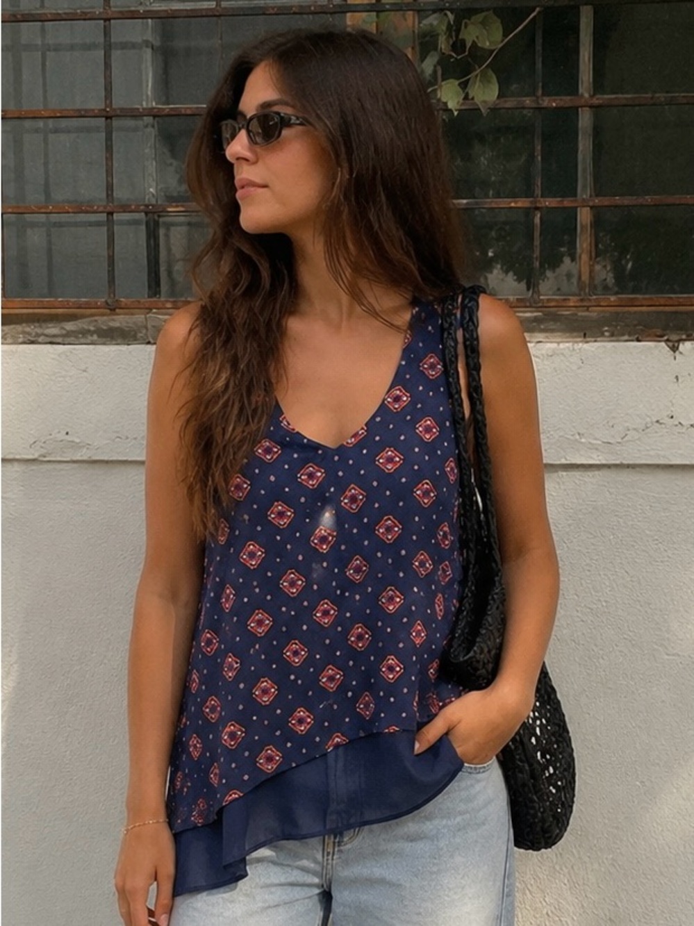 Pink Rose Navy Printed V-Neck Layered Camisole